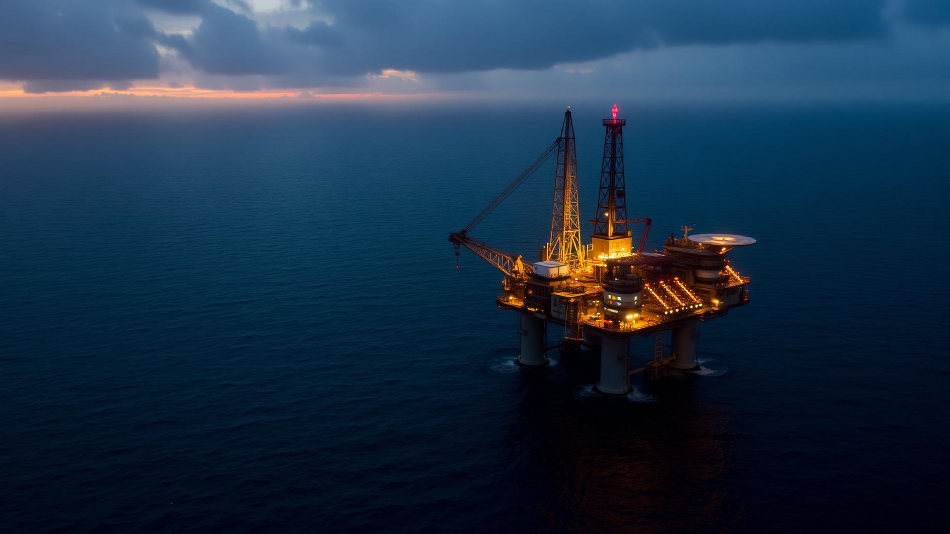 Offshore drilling platform at dusk in the Atlantic
